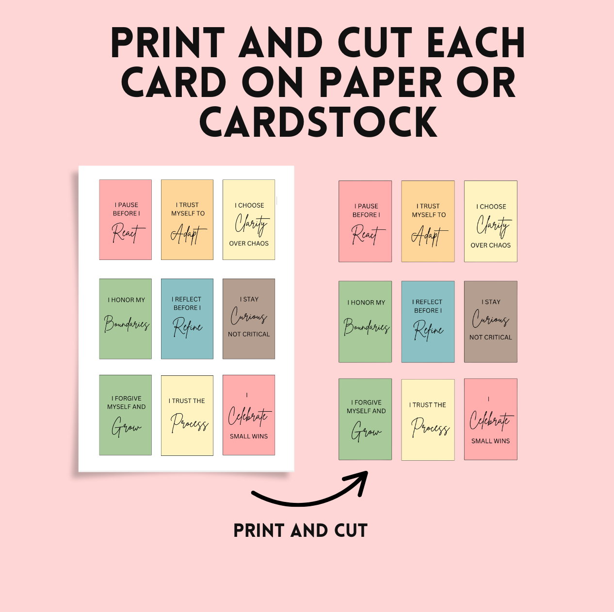 Set of printable affirmation cards with motivational phrases on a pink background